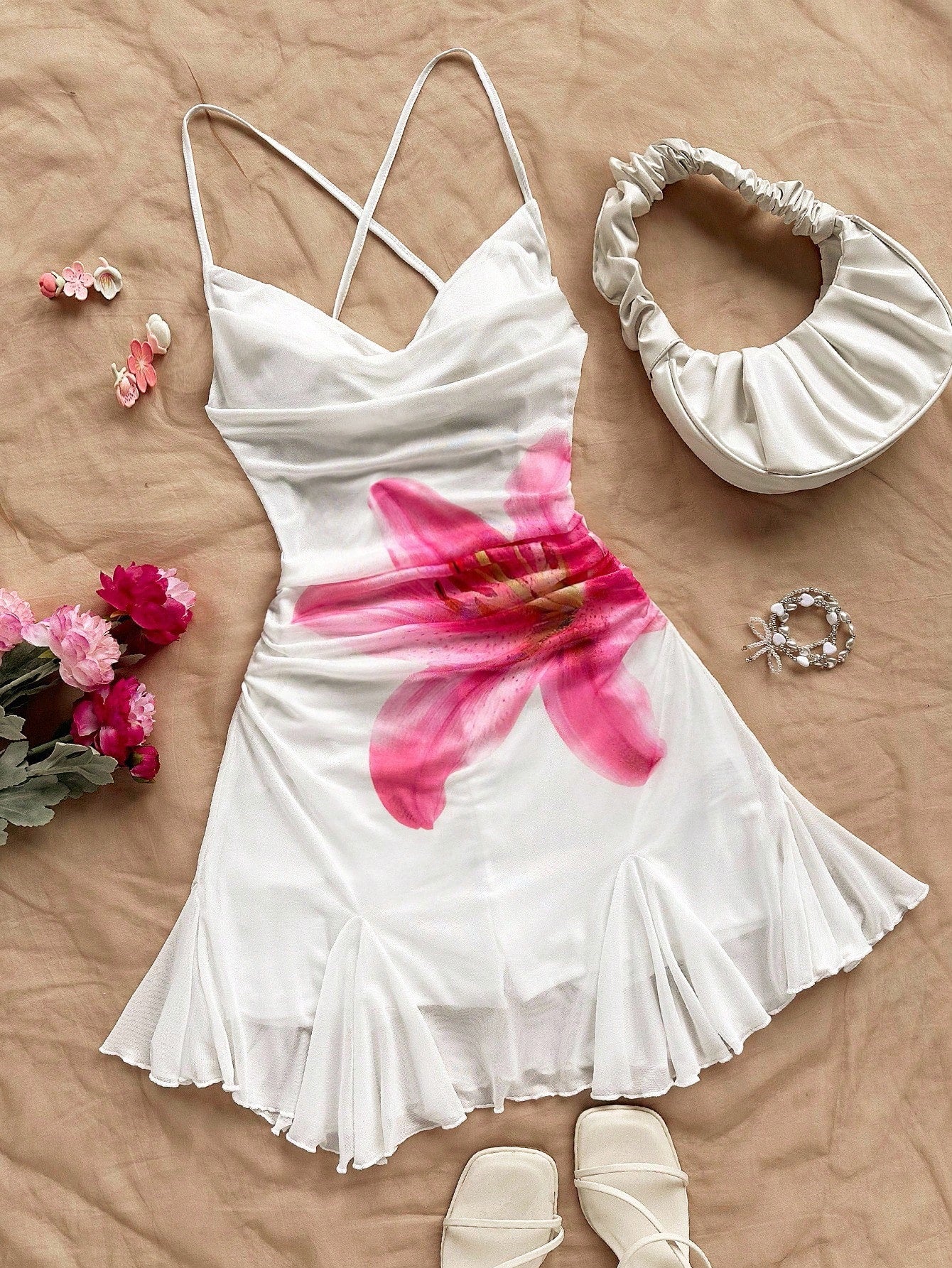 Soleia Sleeveless Pleated Mini Mesh Dress With Floral Design And Spaghetti Straps For Summer White And Pink Print Going Out Vacation Sexy