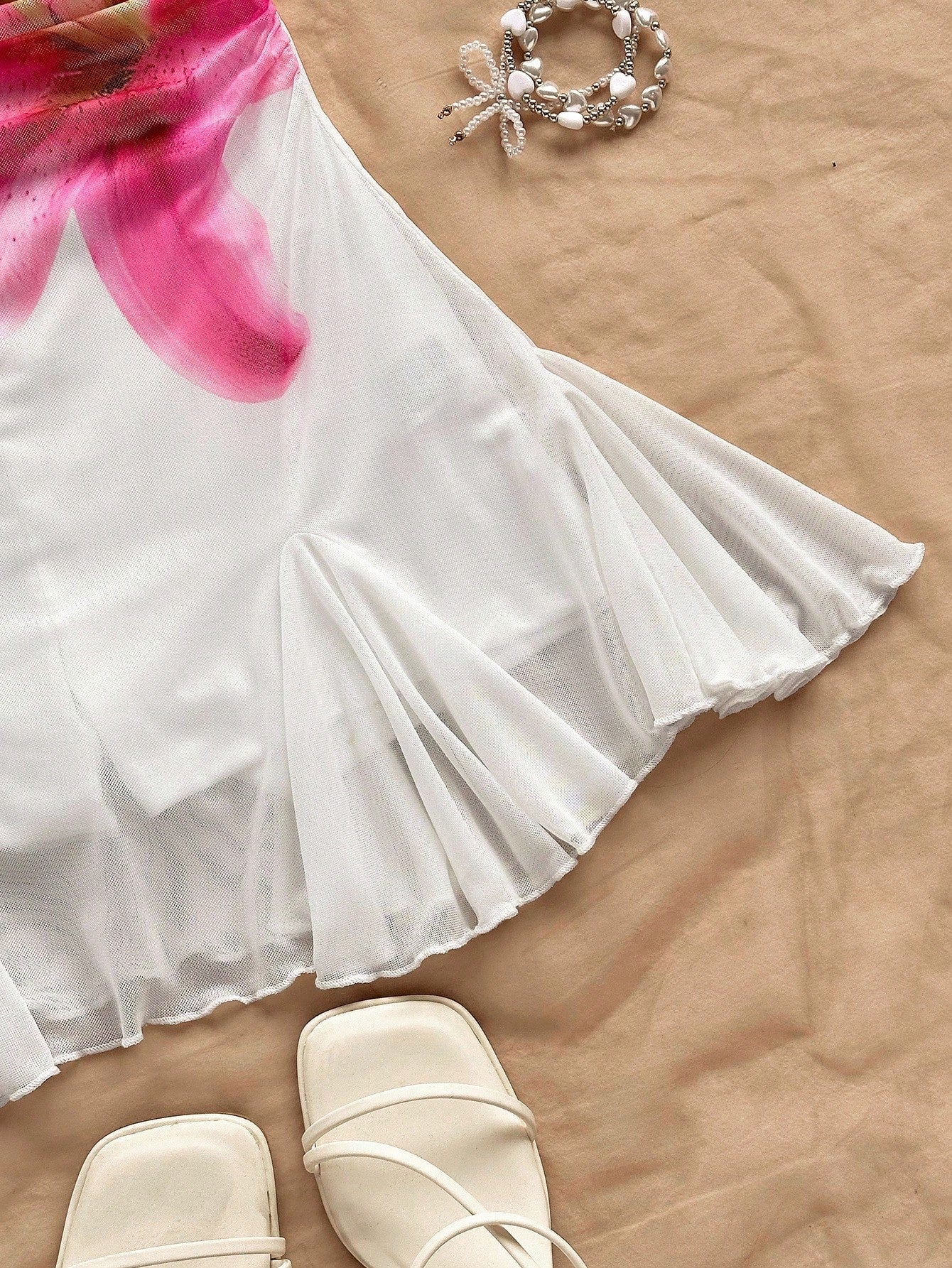 Soleia Sleeveless Pleated Mini Mesh Dress With Floral Design And Spaghetti Straps For Summer White And Pink Print Going Out Vacation Sexy