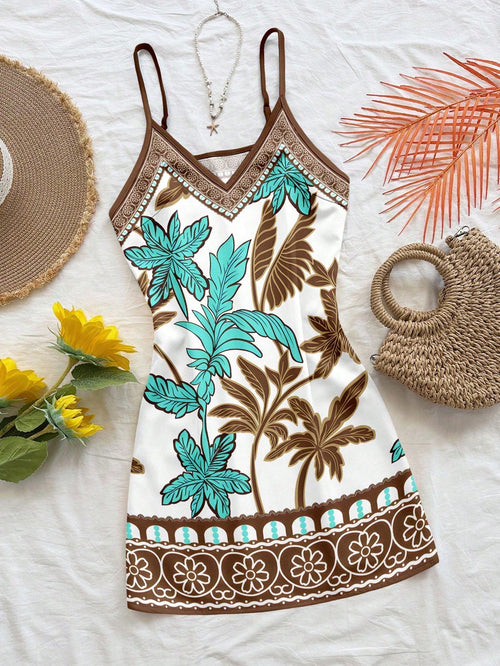 Soleia White Floral Summer Boho Beach Vacation Holiday Holiday Coconut Tree Floral Print Dress,Sleeveless Mini Summer Dresses For Women,Retro Elegant Dress
