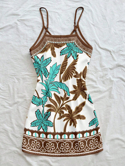 Soleia White Floral Summer Boho Beach Vacation Holiday Holiday Coconut Tree Floral Print Dress,Sleeveless Mini Summer Dresses For Women,Retro Elegant Dress