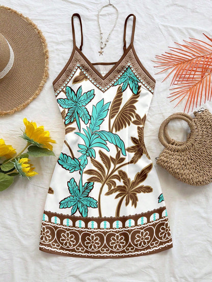 Soleia White Floral Summer Boho Beach Vacation Holiday Holiday Coconut Tree Floral Print Dress,Sleeveless Mini Summer Dresses For Women,Retro Elegant Dress
