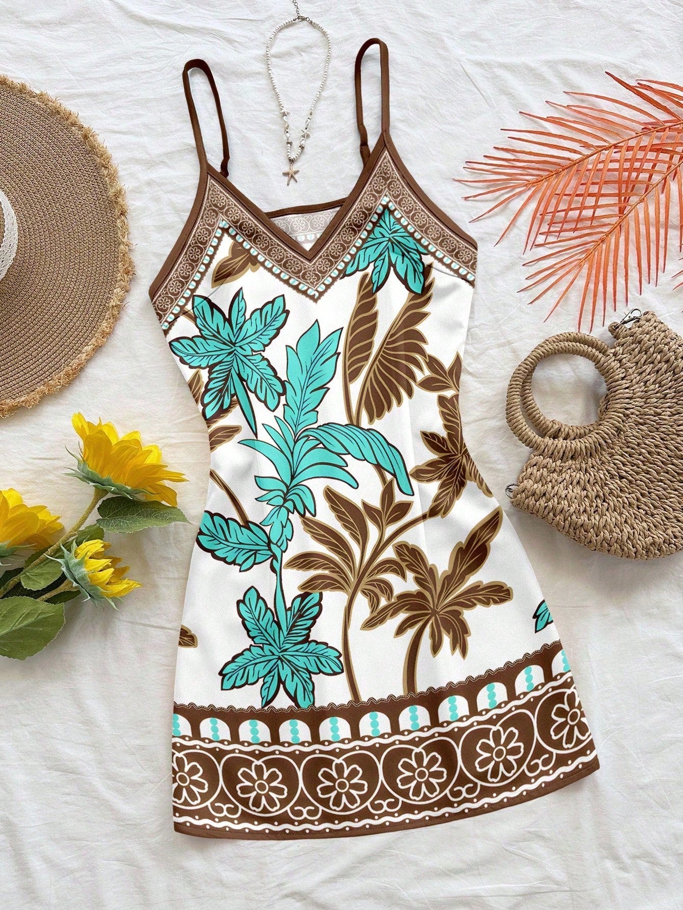 Soleia White Floral Summer Boho Beach Vacation Holiday Holiday Coconut Tree Floral Print Dress,Sleeveless Mini Summer Dresses For Women,Retro Elegant Dress