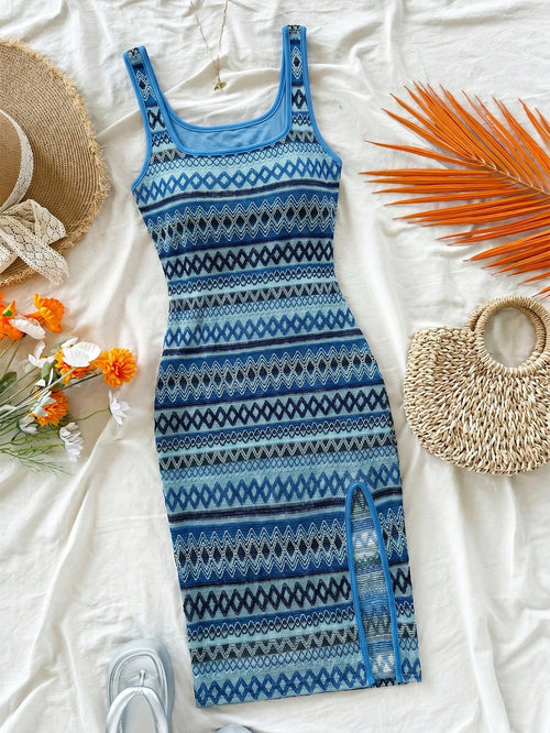 Soleia Women Casual Wave Light Blue Square Neck Slip Dress Spring Summer Outfits For Women Boho Beach West Mus