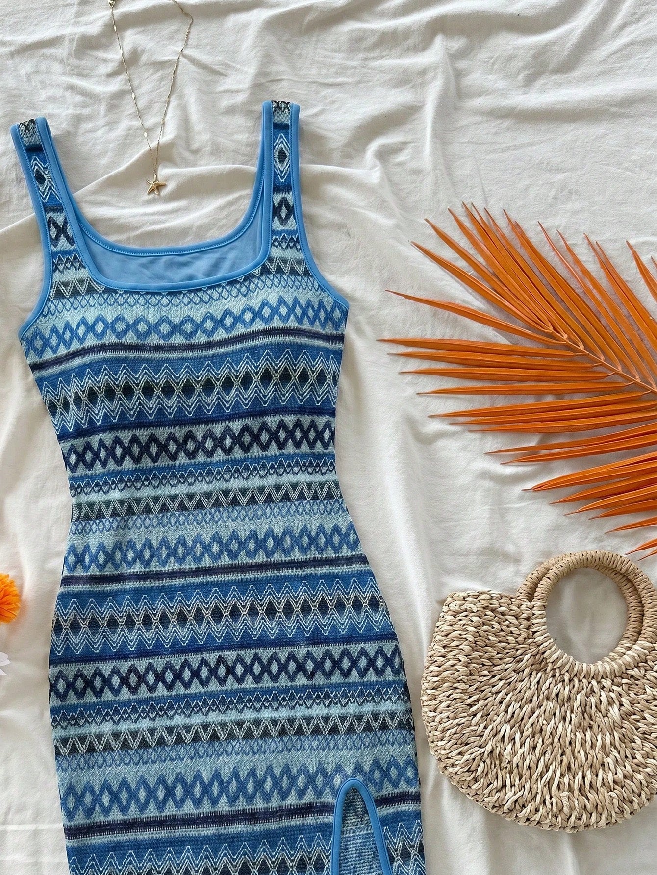 Soleia Women Casual Wave Light Blue Square Neck Slip Dress Spring Summer Outfits For Women Boho Beach West Mus