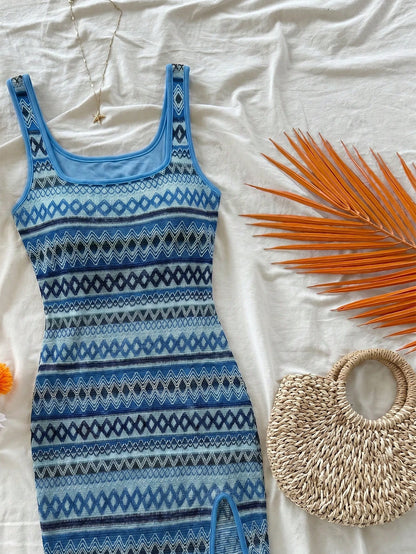 Soleia Women Casual Wave Light Blue Square Neck Slip Dress Spring Summer Outfits For Women Boho Beach West Mus