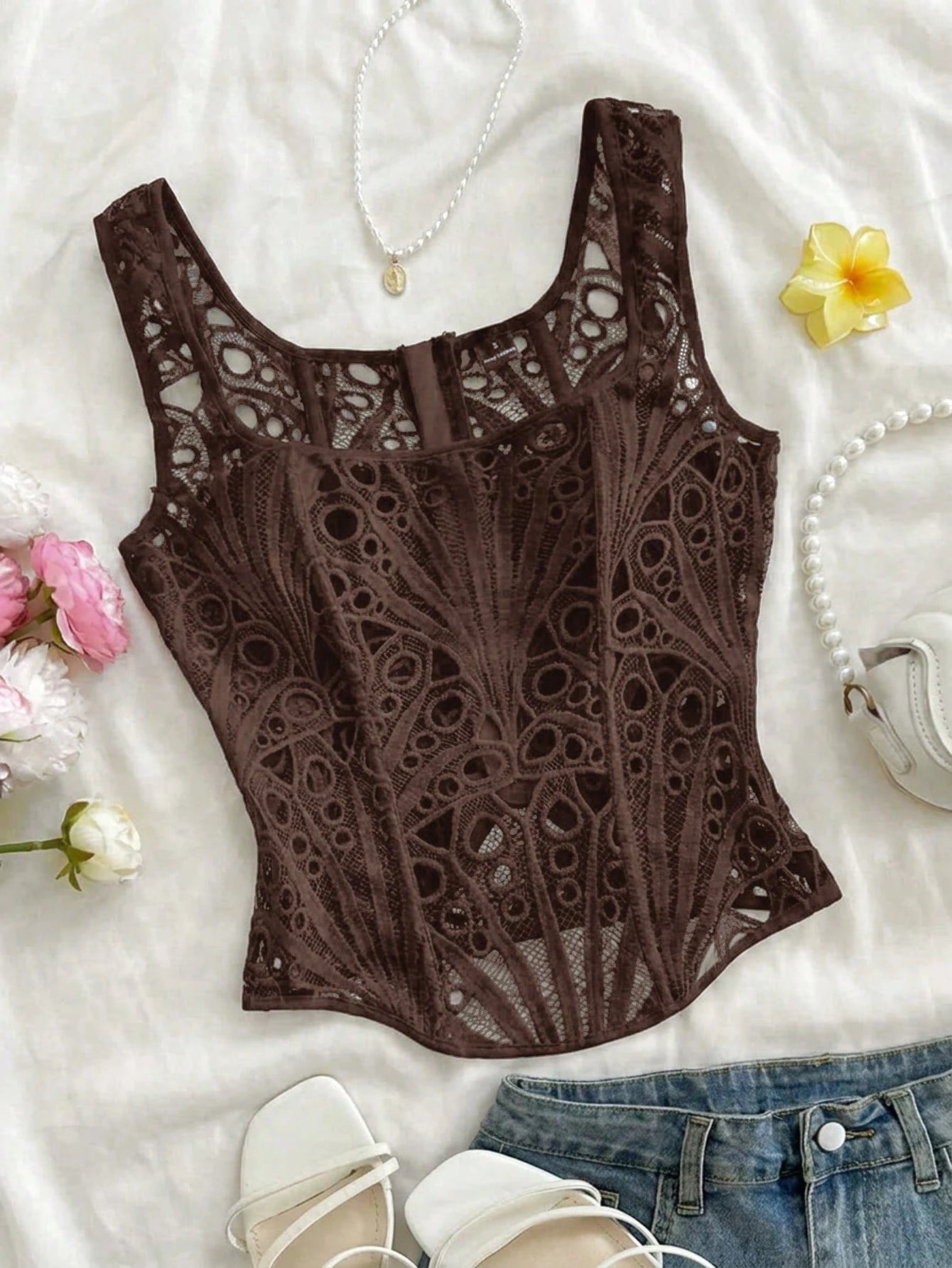 Soleia Women Dark Brown,Summer,Seductive,Party Night Camisole Backless Hollow Out Textured Wedding Guest Attire,Casual Beach Vacation Top No Chest Padding
