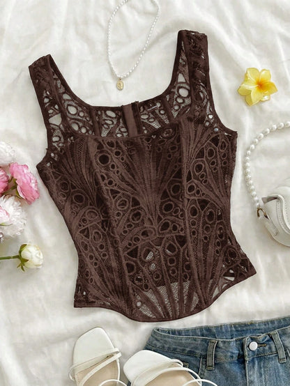 Soleia Women Dark Brown,Summer,Seductive,Party Night Camisole Backless Hollow Out Textured Wedding Guest Attire,Casual Beach Vacation Top No Chest Padding