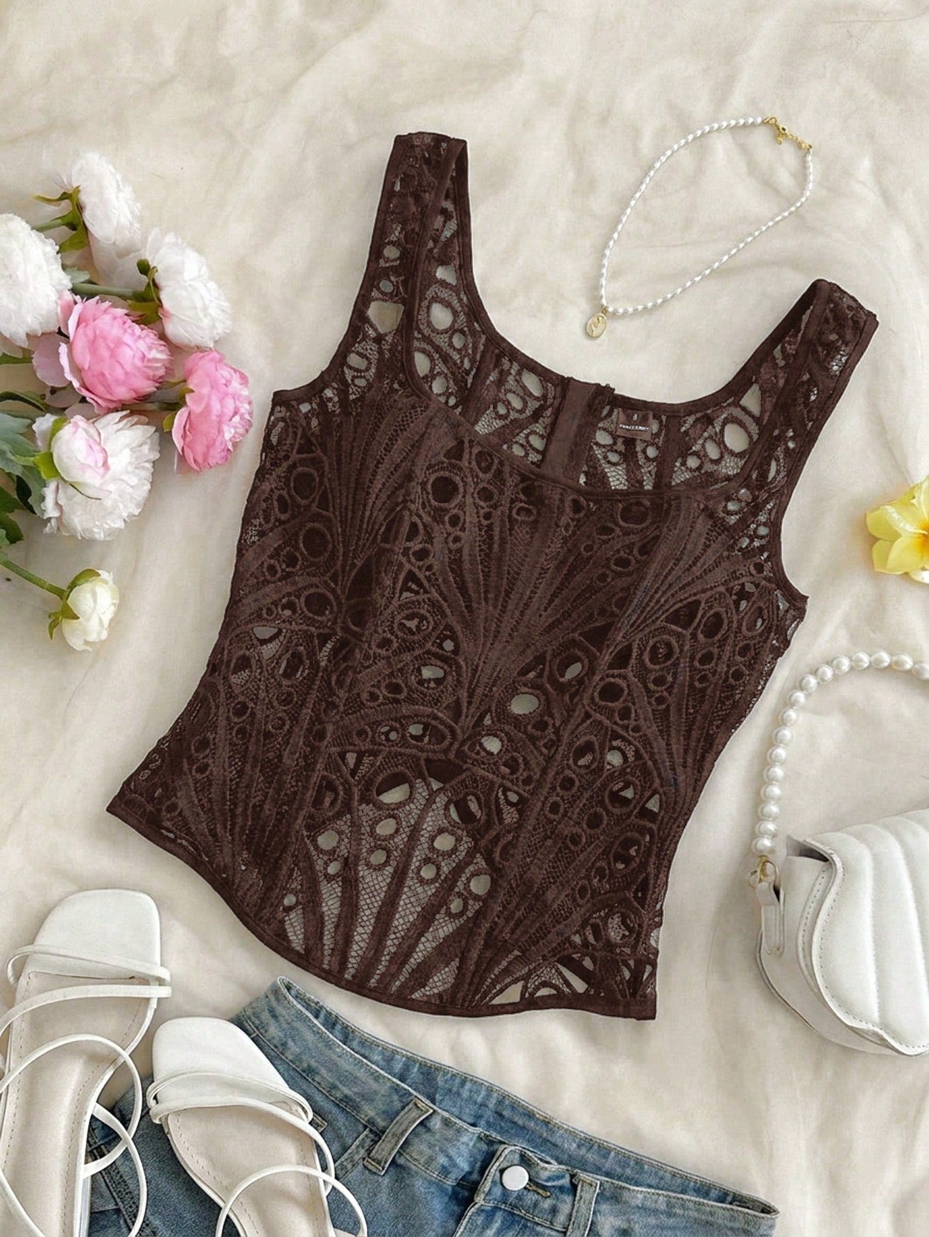 Soleia Women Dark Brown,Summer,Seductive,Party Night Camisole Backless Hollow Out Textured Wedding Guest Attire,Casual Beach Vacation Top No Chest Padding