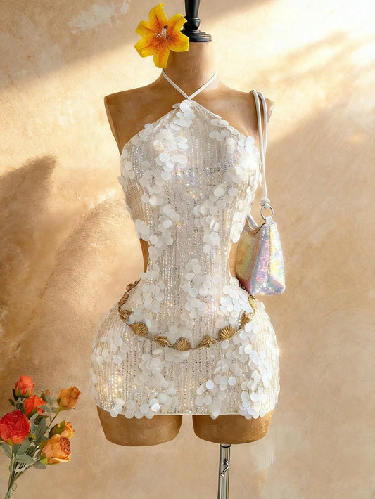 Soleia Women's All White Sequin Backless Halter Mini Dress,Summer 70s Party Elegant Dresses For Graduation Wedding Guest,Vacation Outfits Festival
