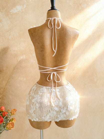 Soleia Women's All White Sequin Backless Halter Mini Dress,Summer 70s Party Elegant Dresses For Graduation Wedding Guest,Vacation Outfits Festival