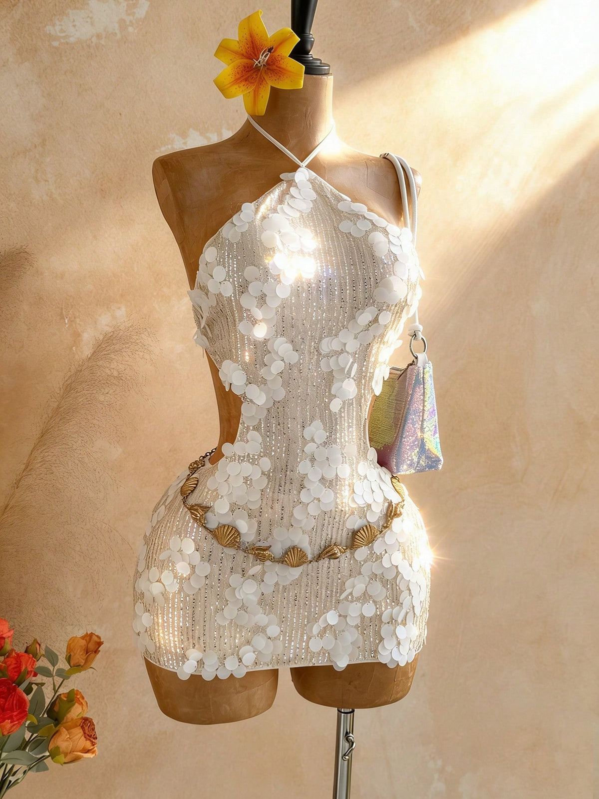 Soleia Women's All White Sequin Backless Halter Mini Dress,Summer 70s Party Elegant Dresses For Graduation Wedding Guest,Vacation Outfits Festival