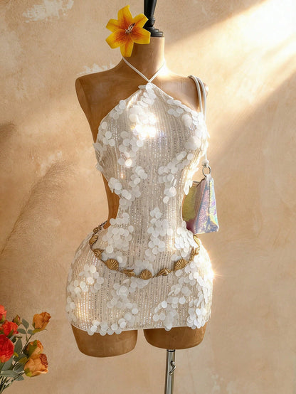 Soleia Women's All White Sequin Backless Halter Mini Dress,Summer 70s Party Elegant Dresses For Graduation Wedding Guest,Vacation Outfits Festival