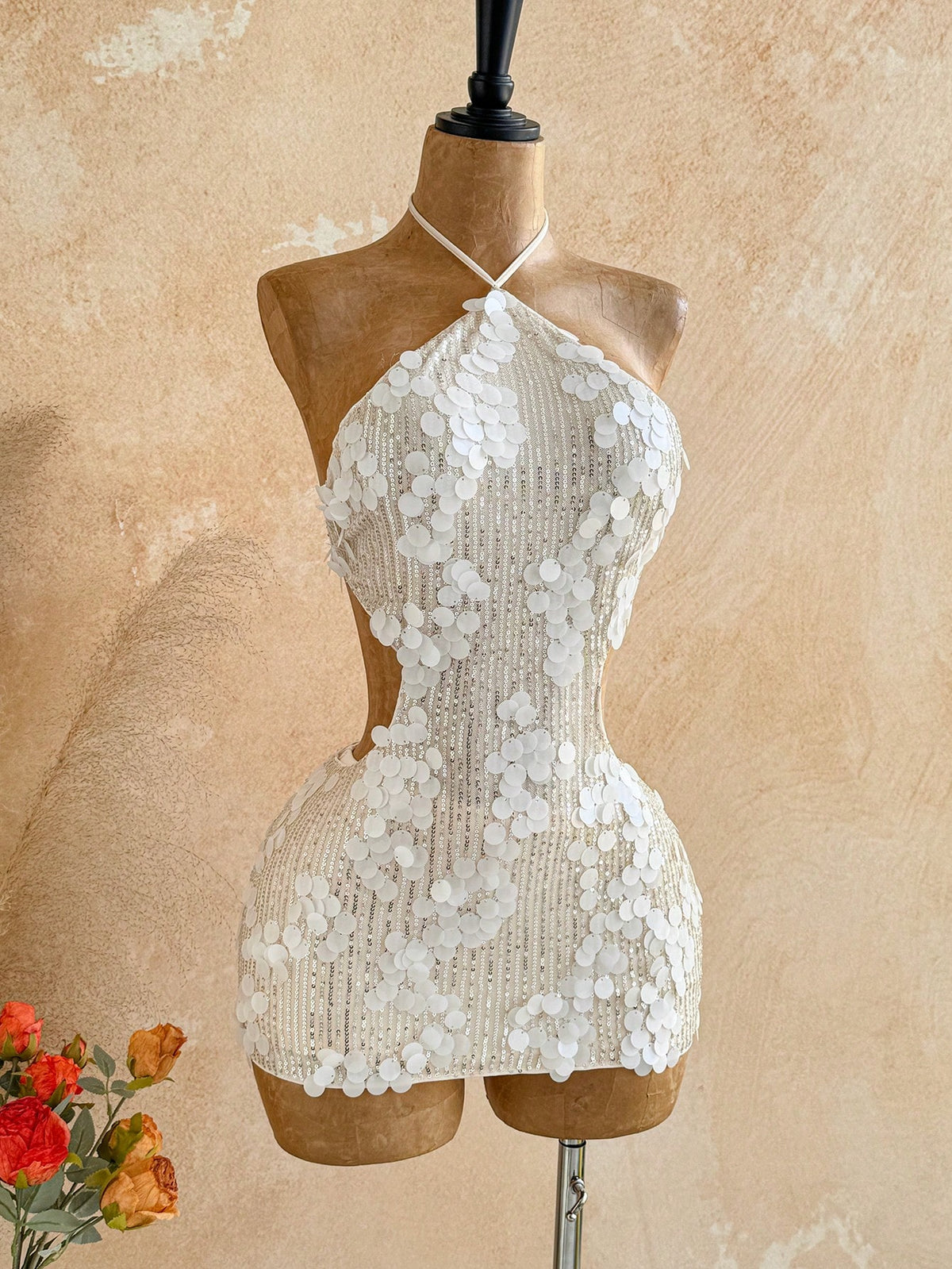 Soleia Women's All White Sequin Backless Halter Mini Dress,Summer 70s Party Elegant Dresses For Graduation Wedding Guest,Vacation Outfits Festival