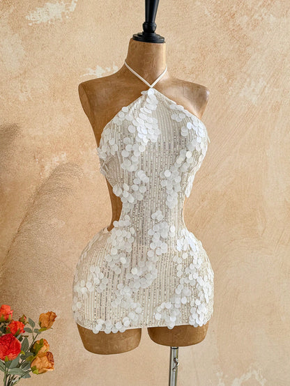 Soleia Women's All White Sequin Backless Halter Mini Dress,Summer 70s Party Elegant Dresses For Graduation Wedding Guest,Vacation Outfits Festival