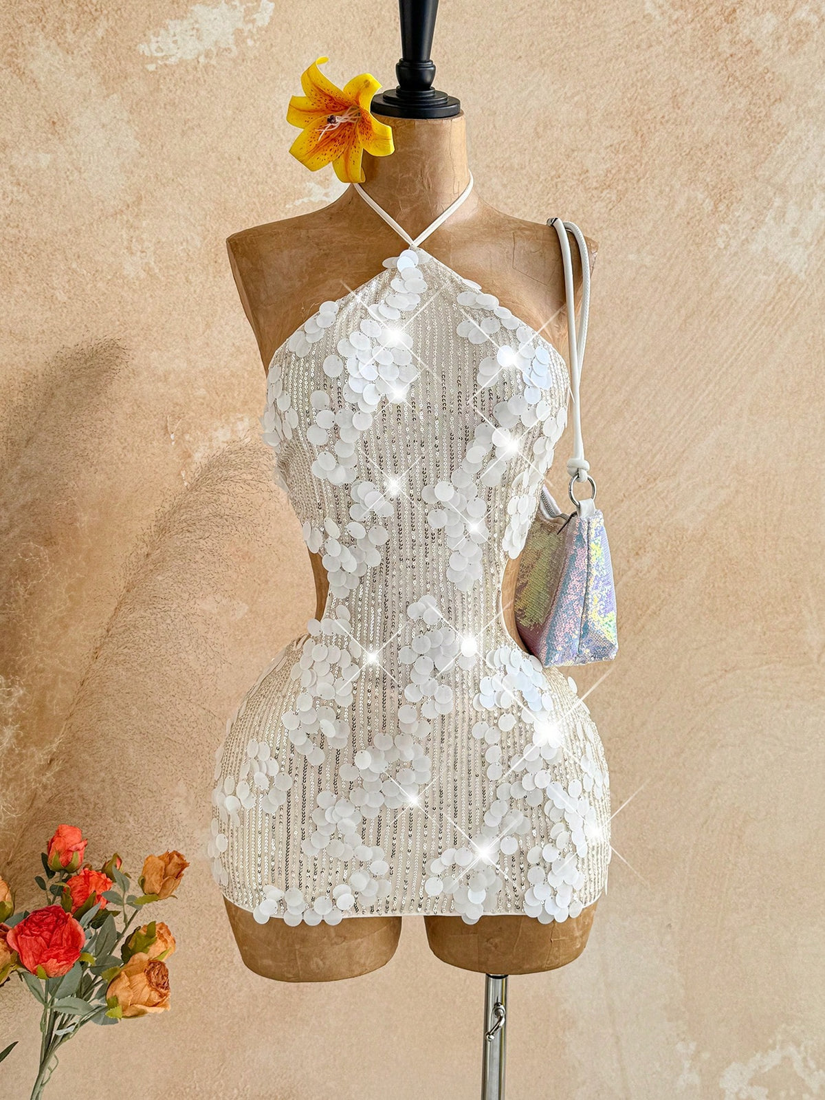 Soleia Women's All White Sequin Backless Halter Mini Dress,Summer 70s Party Elegant Dresses For Graduation Wedding Guest,Vacation Outfits Festival