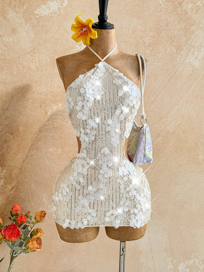 Soleia Women's All White Sequin Backless Halter Mini Dress,Summer 70s Party Elegant Dresses For Graduation Wedding Guest,Vacation Outfits Festival