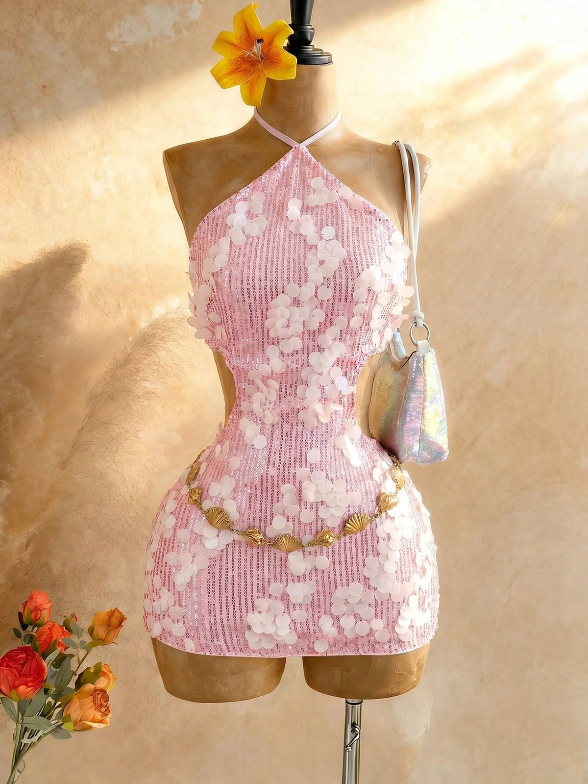 Soleia Women's All White Sequin Backless Halter Mini Dress,Summer 70s Party Elegant Dresses For Graduation Wedding Guest,Vacation Outfits Festival