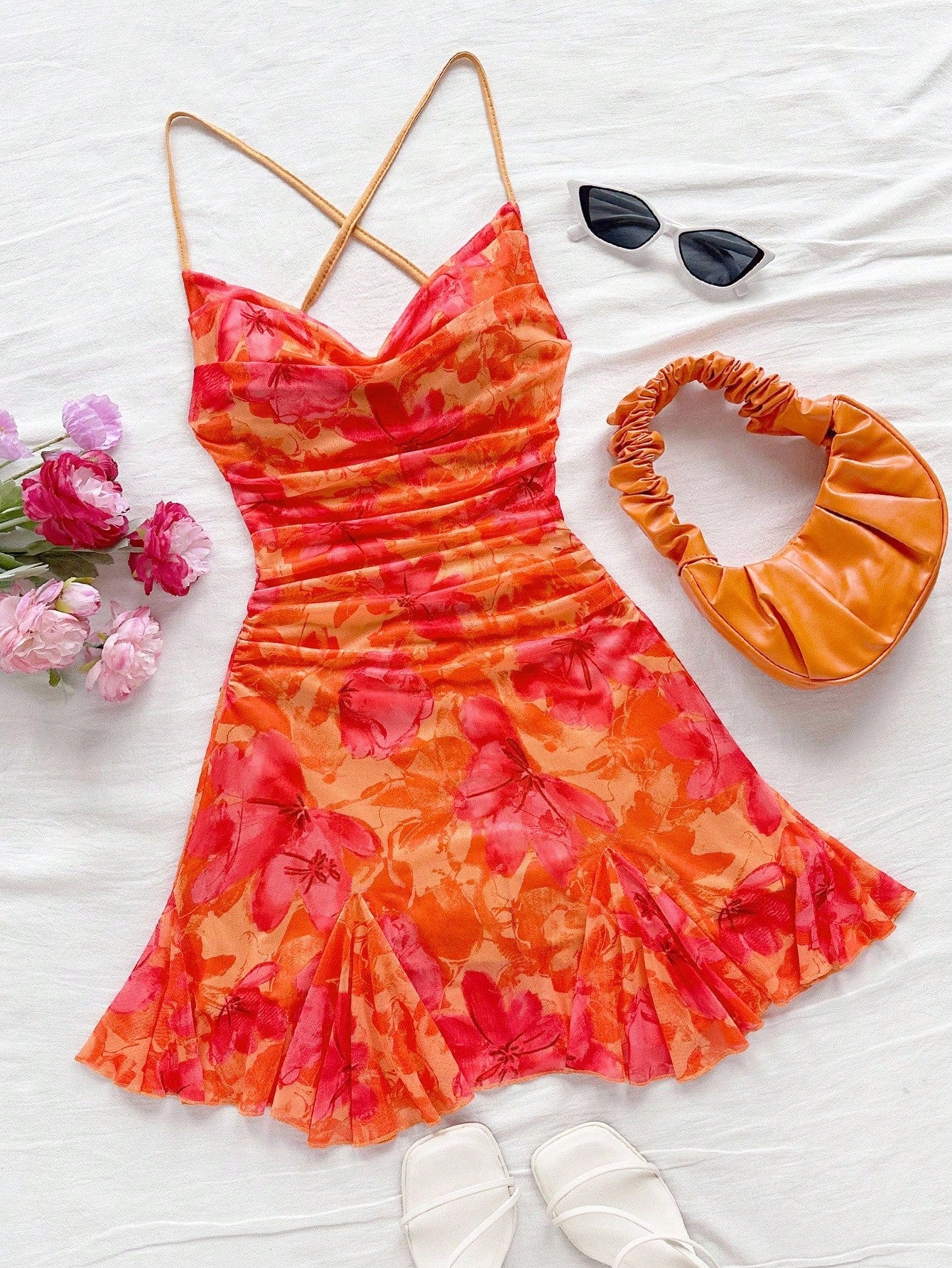 Soleia Women's Burnt Orange Spaghetti Strap Mini Dress,Summer 70s Beach Vacation Holiday Party Holiday,Draped Neck,Backless,Tie Bow No Chest Padding