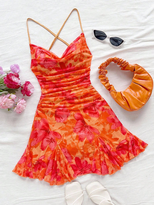 Soleia Women's Burnt Orange Spaghetti Strap Mini Dress,Summer 70s Beach Vacation Holiday Party Holiday,Draped Neck,Backless,Tie Bow No Chest Padding