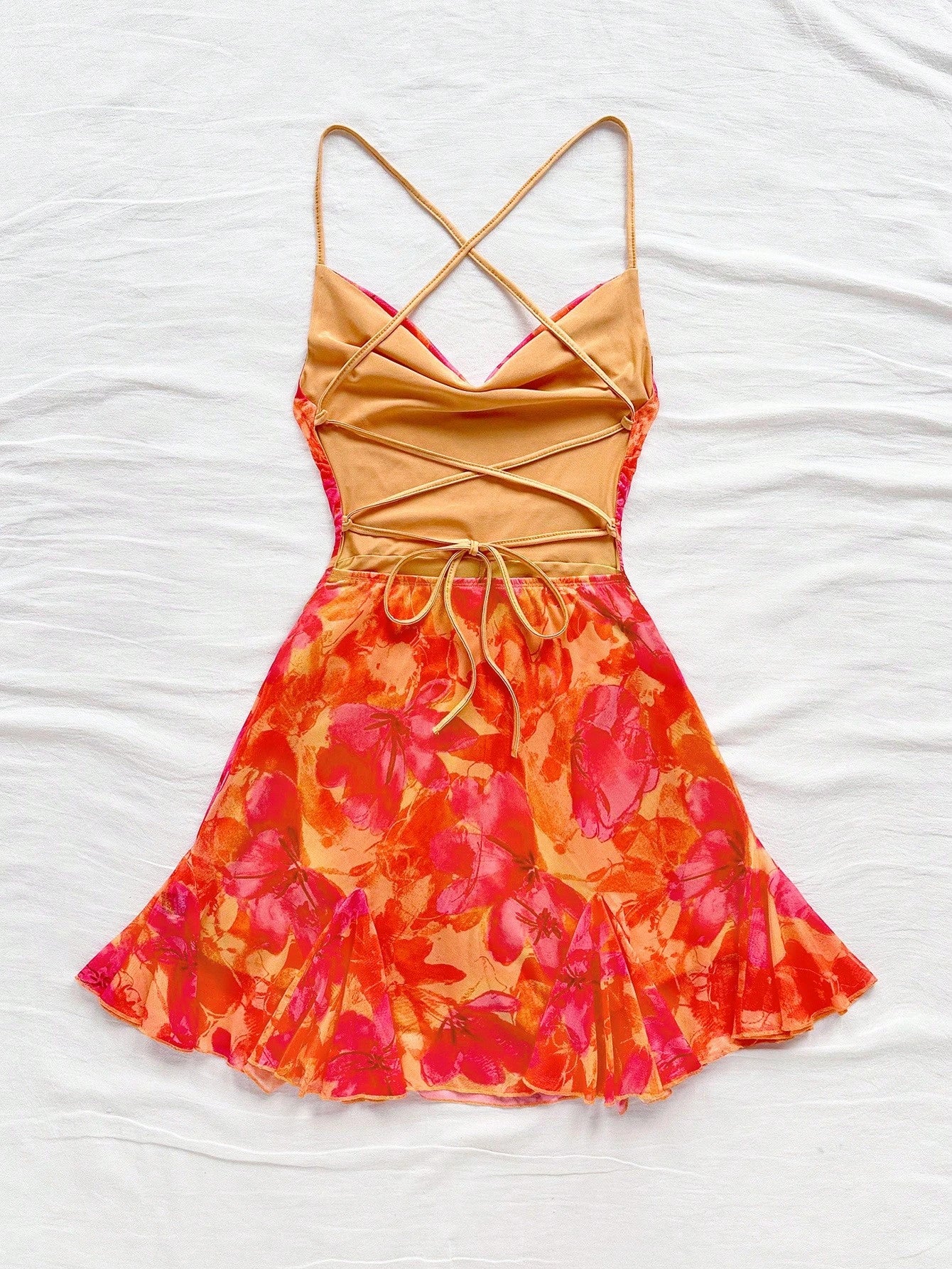 Soleia Women's Burnt Orange Spaghetti Strap Mini Dress,Summer 70s Beach Vacation Holiday Party Holiday,Draped Neck,Backless,Tie Bow No Chest Padding