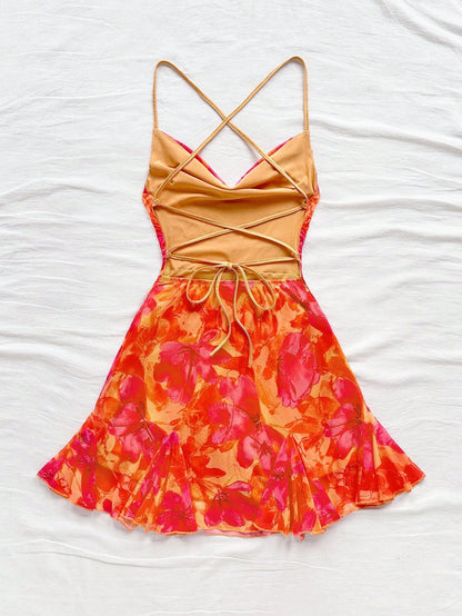 Soleia Women's Burnt Orange Spaghetti Strap Mini Dress,Summer 70s Beach Vacation Holiday Party Holiday,Draped Neck,Backless,Tie Bow No Chest Padding