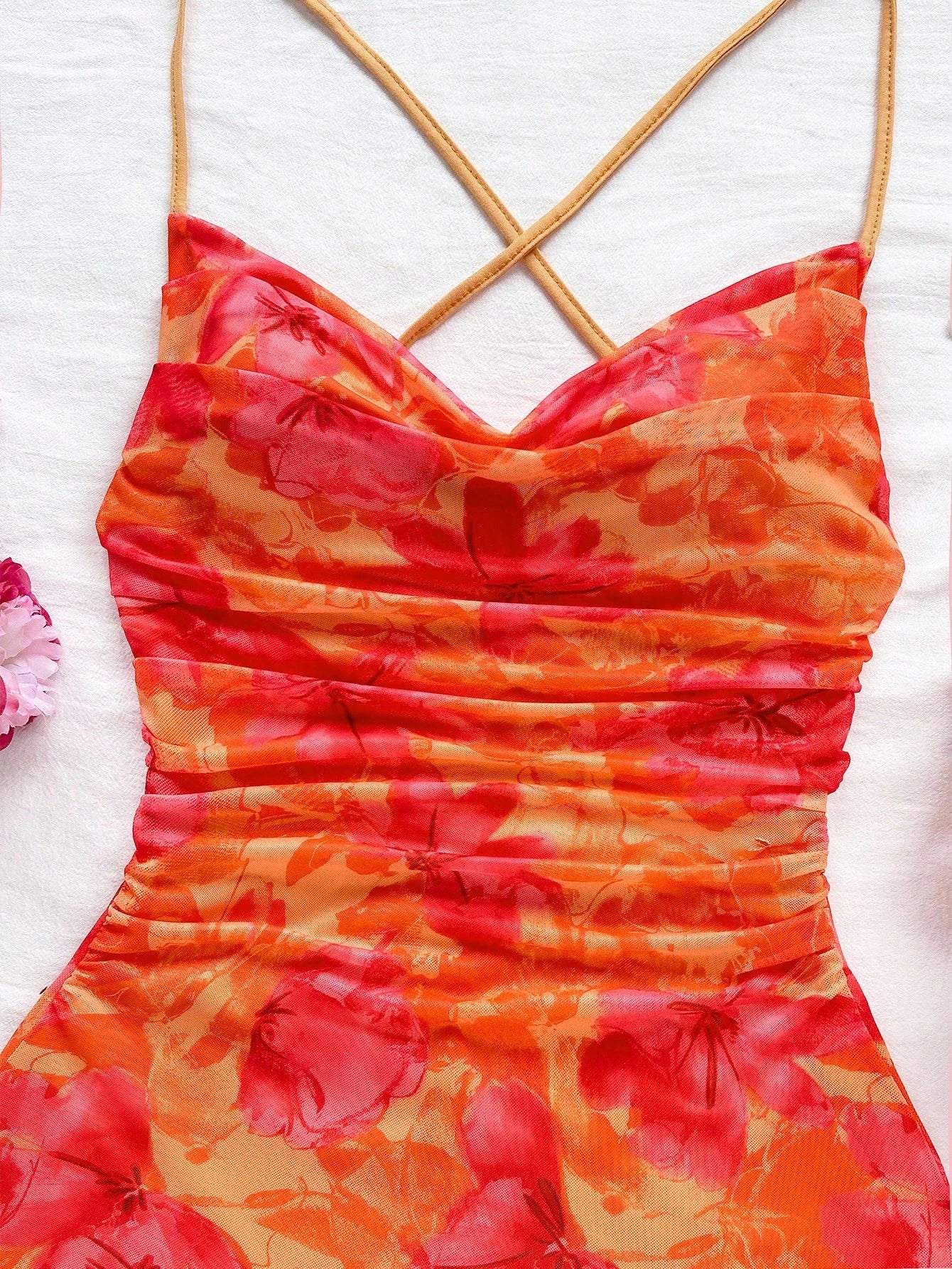 Soleia Women's Burnt Orange Spaghetti Strap Mini Dress,Summer 70s Beach Vacation Holiday Party Holiday,Draped Neck,Backless,Tie Bow No Chest Padding