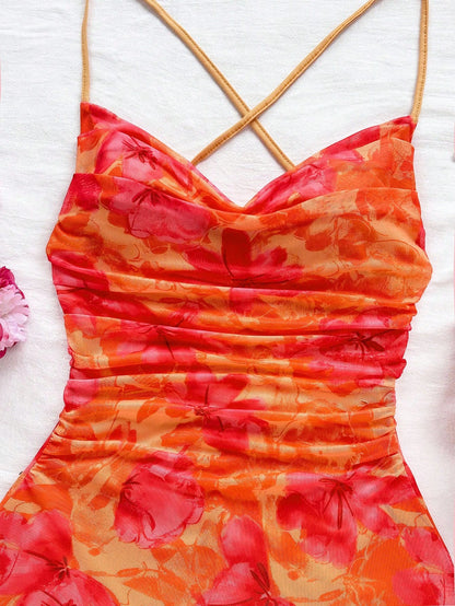 Soleia Women's Burnt Orange Spaghetti Strap Mini Dress,Summer 70s Beach Vacation Holiday Party Holiday,Draped Neck,Backless,Tie Bow No Chest Padding