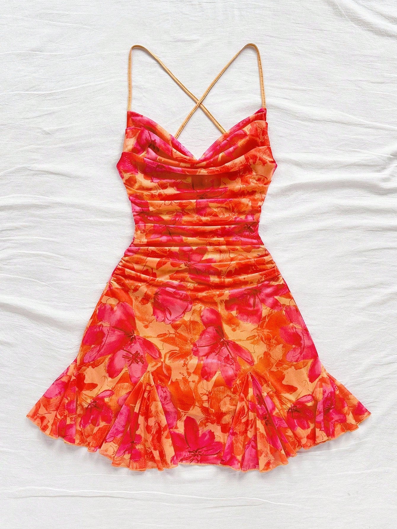 Soleia Women's Burnt Orange Spaghetti Strap Mini Dress,Summer 70s Beach Vacation Holiday Party Holiday,Draped Neck,Backless,Tie Bow No Chest Padding