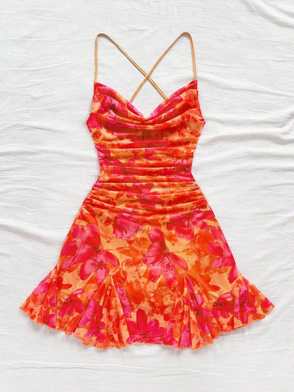 Soleia Women's Burnt Orange Spaghetti Strap Mini Dress,Summer 70s Beach Vacation Holiday Party Holiday,Draped Neck,Backless,Tie Bow No Chest Padding