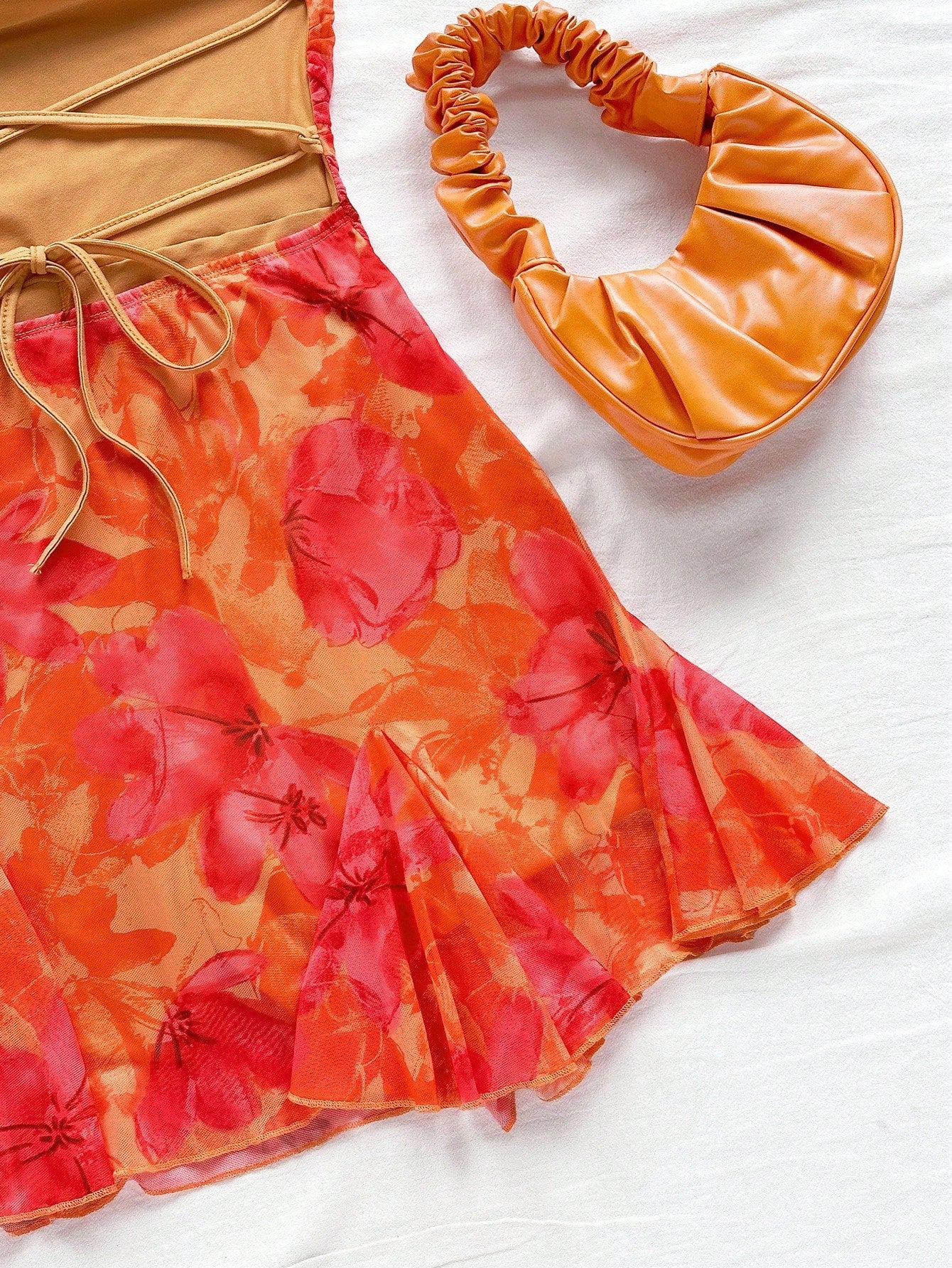 Soleia Women's Burnt Orange Spaghetti Strap Mini Dress,Summer 70s Beach Vacation Holiday Party Holiday,Draped Neck,Backless,Tie Bow No Chest Padding