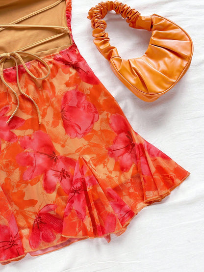 Soleia Women's Burnt Orange Spaghetti Strap Mini Dress,Summer 70s Beach Vacation Holiday Party Holiday,Draped Neck,Backless,Tie Bow No Chest Padding