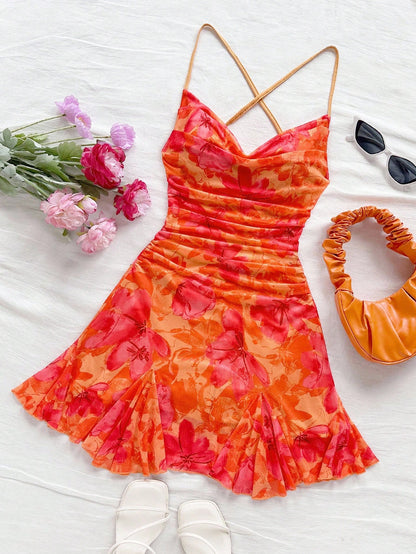 Soleia Women's Burnt Orange Spaghetti Strap Mini Dress,Summer 70s Beach Vacation Holiday Party Holiday,Draped Neck,Backless,Tie Bow No Chest Padding