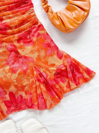 Soleia Women's Burnt Orange Spaghetti Strap Mini Dress,Summer 70s Beach Vacation Holiday Party Holiday,Draped Neck,Backless,Tie Bow No Chest Padding