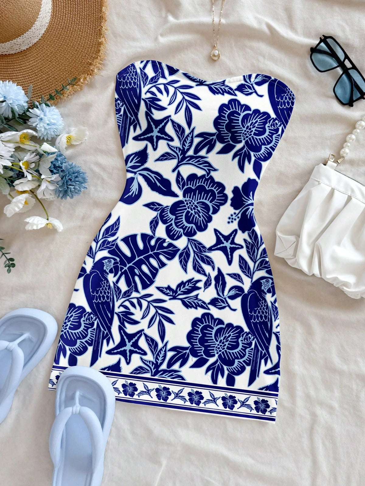 Soleia Women's Chinoiserie Floral & Tropical Parrot Colorblock Bohemian Print Mini Dress, Suitable For Outings, Beach, Travel, Matching Sets, Chic Spring
