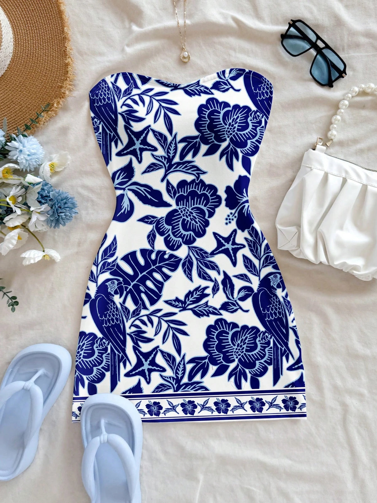 Soleia Women's Chinoiserie Floral & Tropical Parrot Colorblock Bohemian Print Mini Dress, Suitable For Outings, Beach, Travel, Matching Sets, Chic Spring