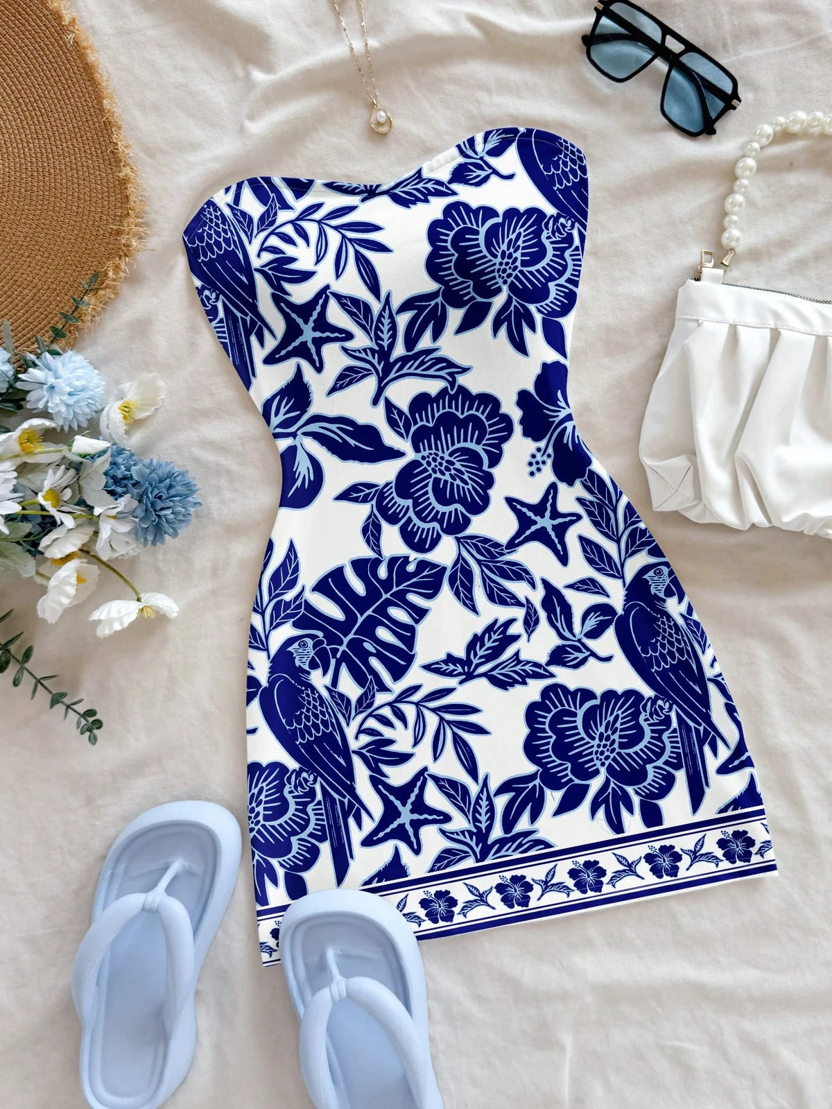 Soleia Women's Chinoiserie Floral & Tropical Parrot Colorblock Bohemian Print Mini Dress, Suitable For Outings, Beach, Travel, Matching Sets, Chic Spring