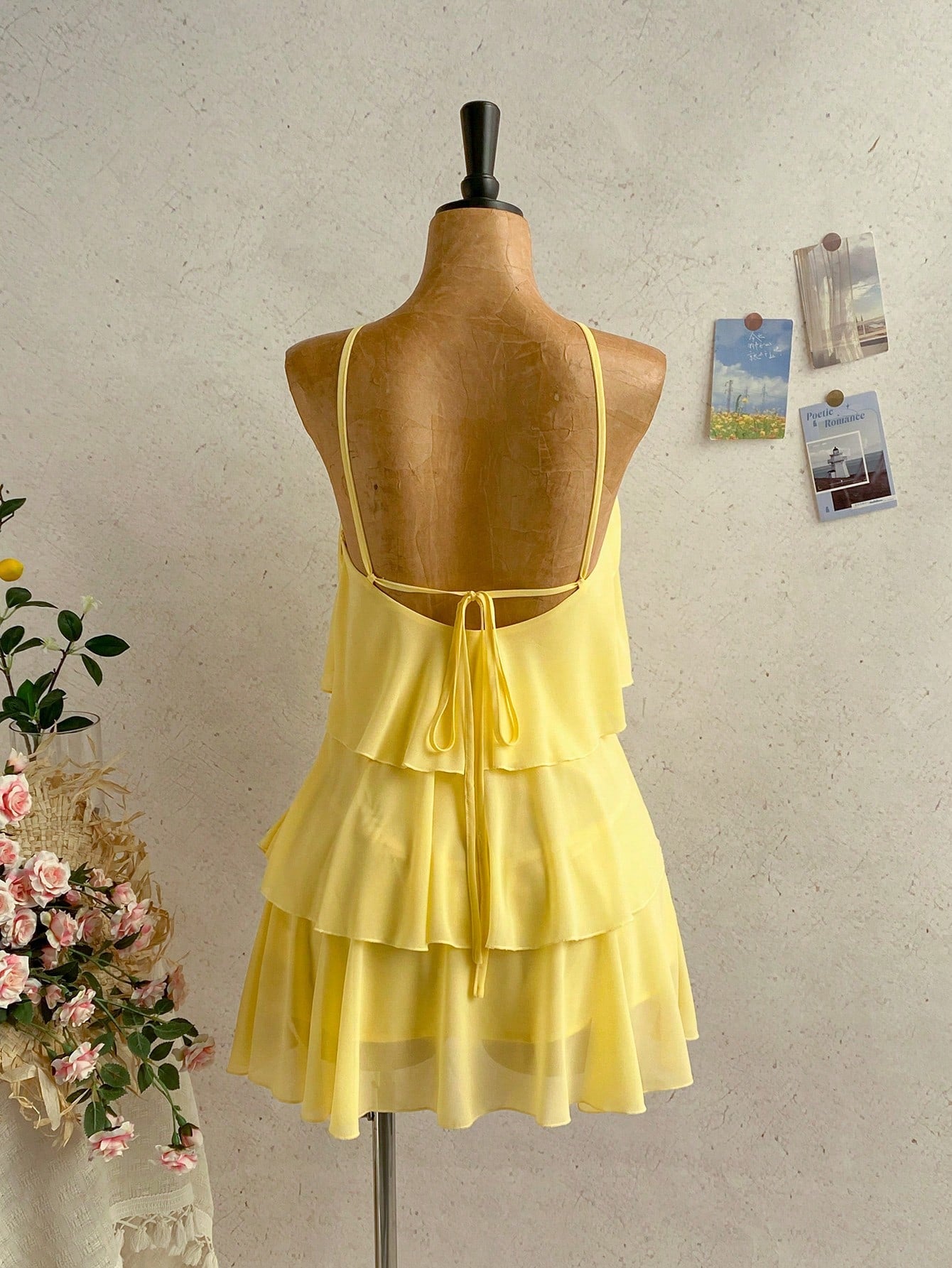 Soleia Women's Pastel Yellow Summer Tropical Holiday Multi-Layered Ruffle Chiffon Mini Dress,Elegant Romantic Cute Backless Wedding Guest Vacation Bohemian