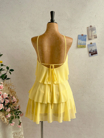 Soleia Women's Pastel Yellow Summer Tropical Holiday Multi-Layered Ruffle Chiffon Mini Dress,Elegant Romantic Cute Backless Wedding Guest Vacation Bohemian