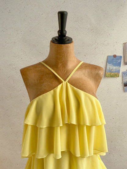 Soleia Women's Pastel Yellow Summer Tropical Holiday Multi-Layered Ruffle Chiffon Mini Dress,Elegant Romantic Cute Backless Wedding Guest Vacation Bohemian