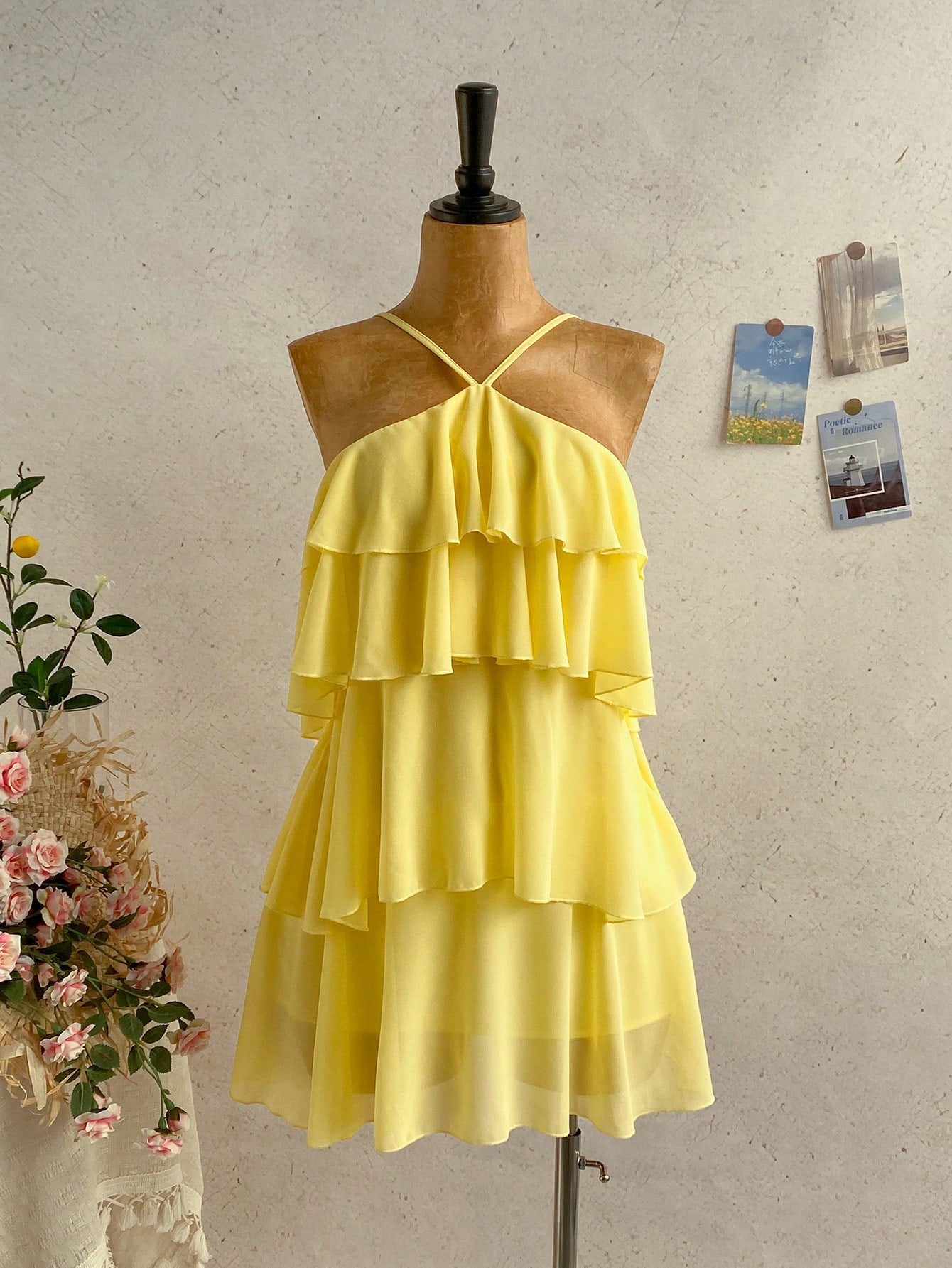 Soleia Women's Pastel Yellow Summer Tropical Holiday Multi-Layered Ruffle Chiffon Mini Dress,Elegant Romantic Cute Backless Wedding Guest Vacation Bohemian