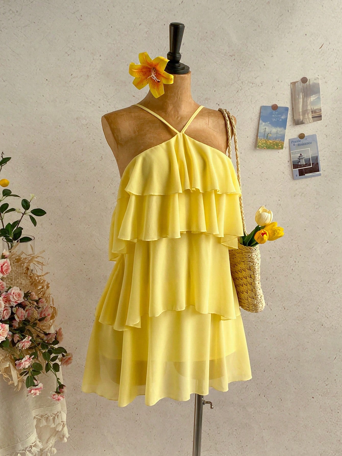Soleia Women's Pastel Yellow Summer Tropical Holiday Multi-Layered Ruffle Chiffon Mini Dress,Elegant Romantic Cute Backless Wedding Guest Vacation Bohemian