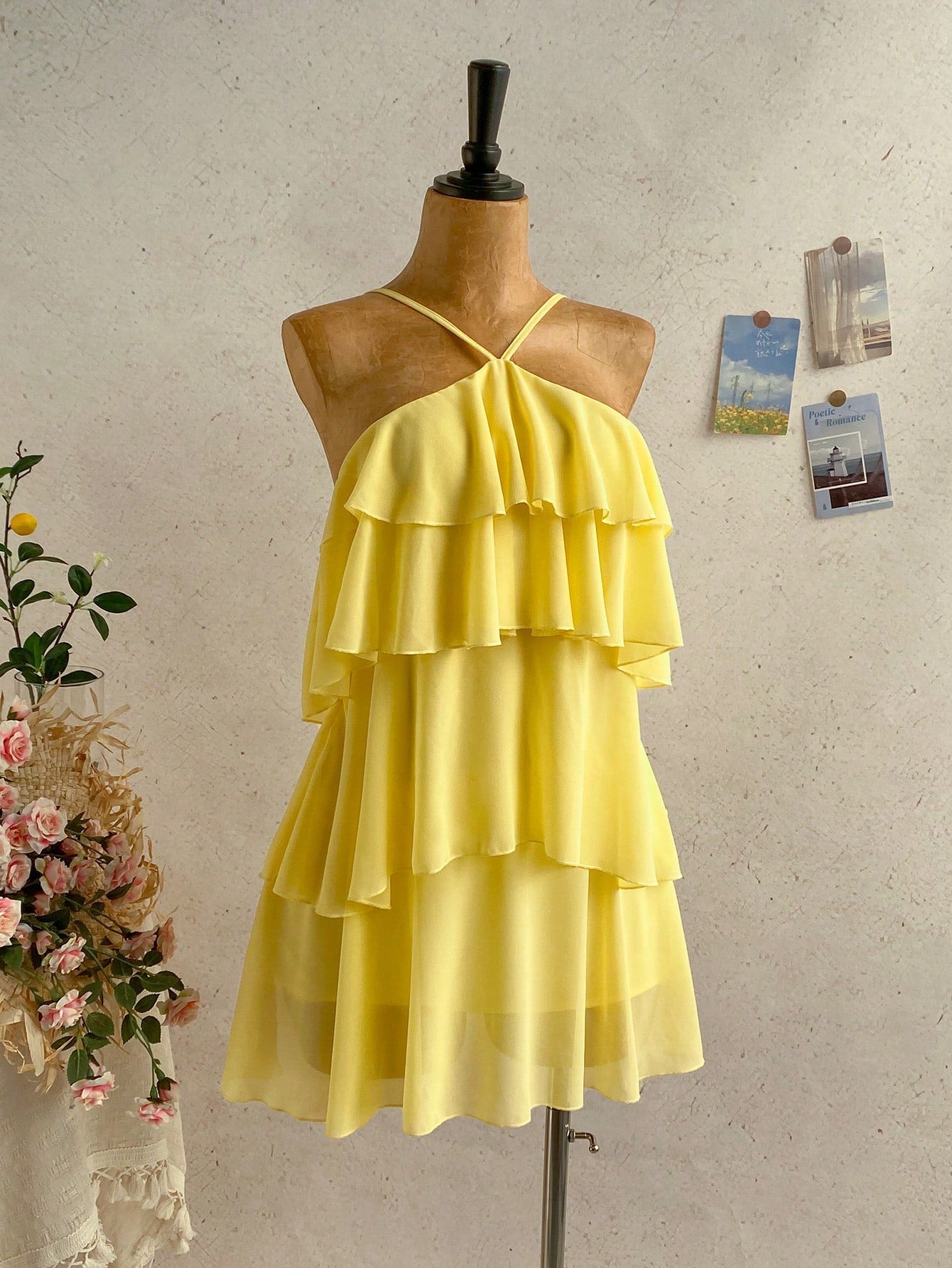Soleia Women's Pastel Yellow Summer Tropical Holiday Multi-Layered Ruffle Chiffon Mini Dress,Elegant Romantic Cute Backless Wedding Guest Vacation Bohemian