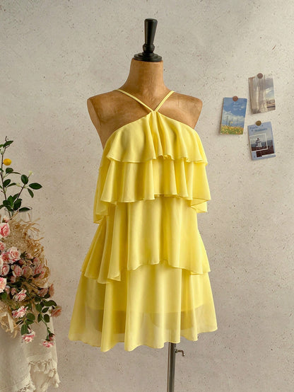 Soleia Women's Pastel Yellow Summer Tropical Holiday Multi-Layered Ruffle Chiffon Mini Dress,Elegant Romantic Cute Backless Wedding Guest Vacation Bohemian