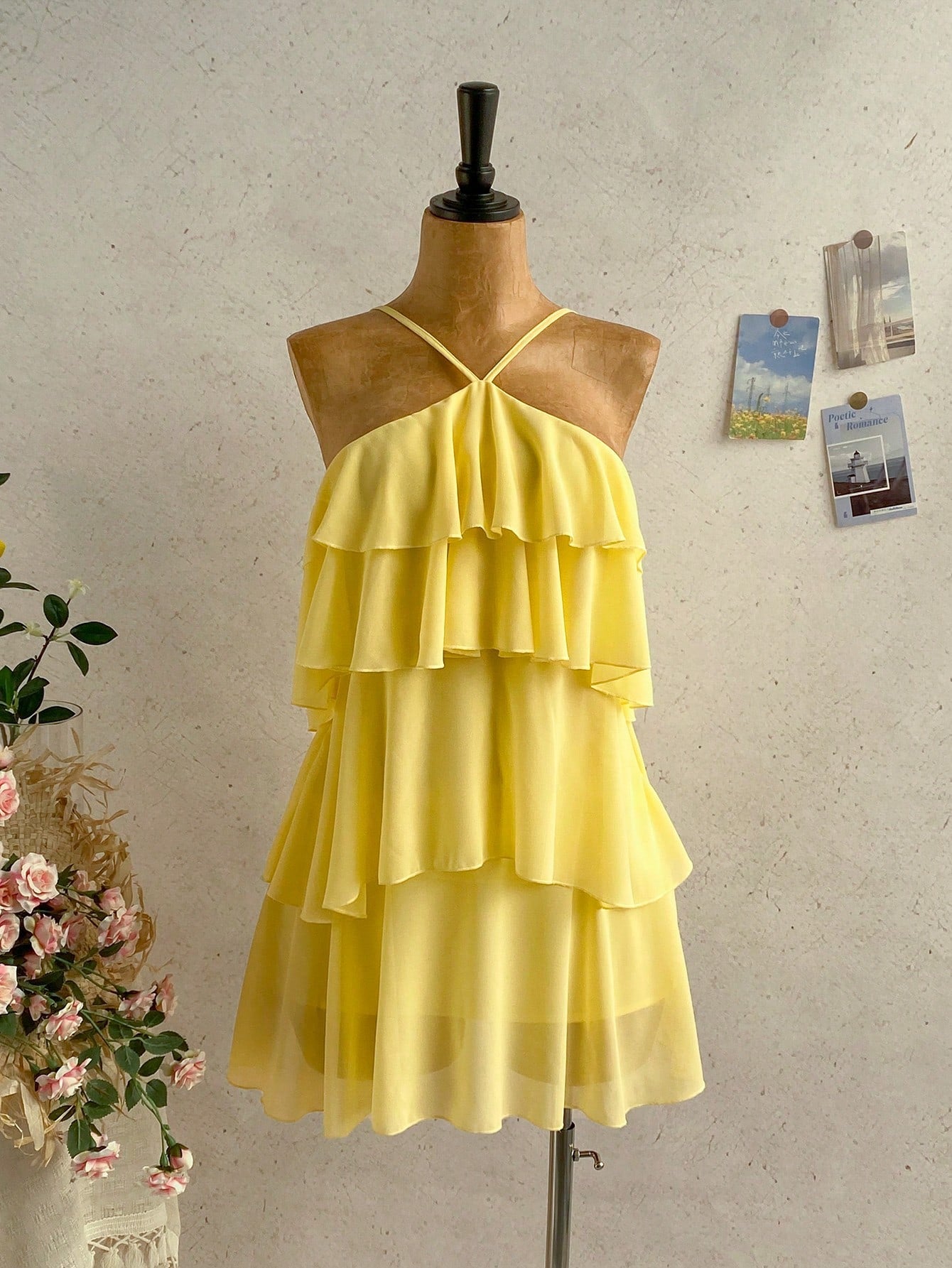 Soleia Women's Pastel Yellow Summer Tropical Holiday Multi-Layered Ruffle Chiffon Mini Dress,Elegant Romantic Cute Backless Wedding Guest Vacation Bohemian