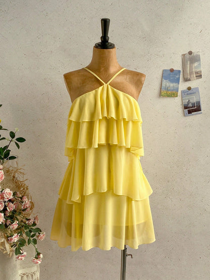 Soleia Women's Pastel Yellow Summer Tropical Holiday Multi-Layered Ruffle Chiffon Mini Dress,Elegant Romantic Cute Backless Wedding Guest Vacation Bohemian