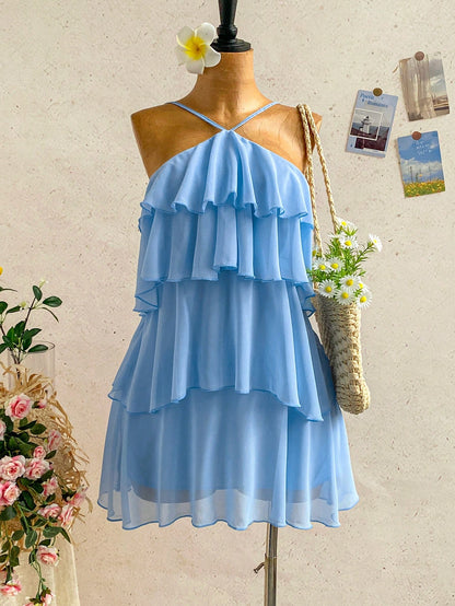 Soleia Women's Pastel Yellow Summer Tropical Holiday Multi-Layered Ruffle Chiffon Mini Dress,Elegant Romantic Cute Backless Wedding Guest Vacation Bohemian