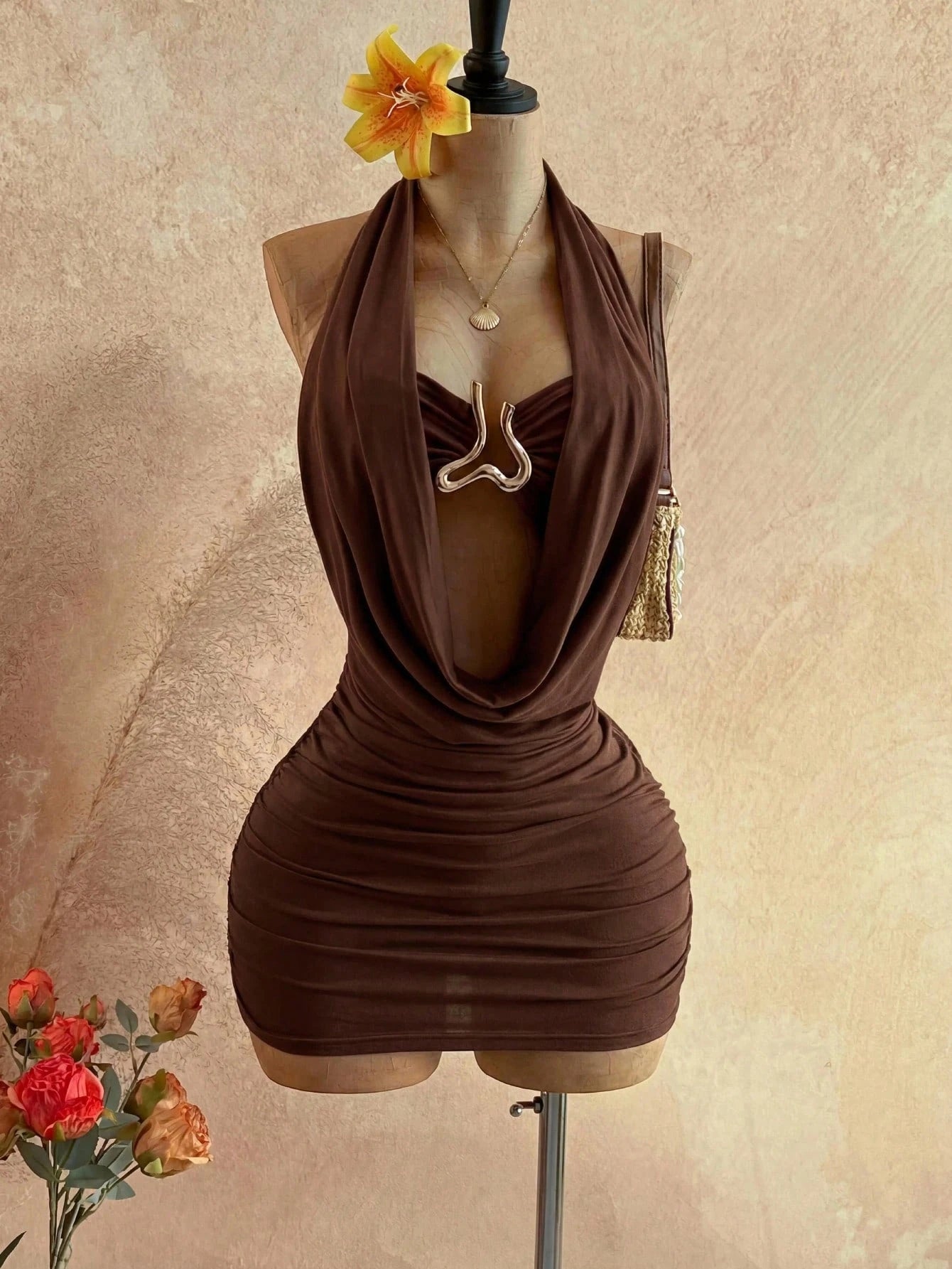 Soleia Women's Pleated Halter Neck Backless Solid Color Dress Dark Brown Summer Sexy Western Style Party Night Out Club Night Outfit Wedding