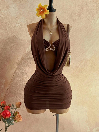 Soleia Women's Pleated Halter Neck Backless Solid Color Dress Dark Brown Summer Sexy Western Style Party Night Out Club Night Outfit Wedding