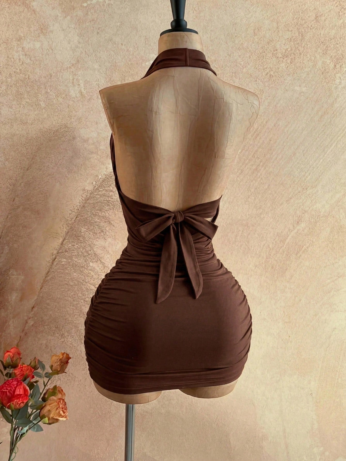 Soleia Women's Pleated Halter Neck Backless Solid Color Dress Dark Brown Summer Sexy Western Style Party Night Out Club Night Outfit Wedding