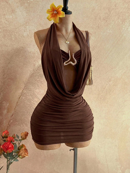 Soleia Women's Pleated Halter Neck Backless Solid Color Dress Dark Brown Summer Sexy Western Style Party Night Out Club Night Outfit Wedding